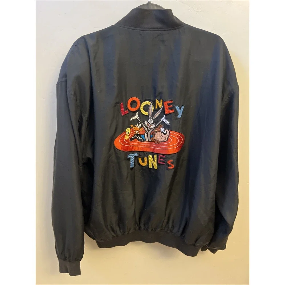 Men's Vintage 100% Silk Loony Tunes Black Lightweight Jacket Size Large 1994